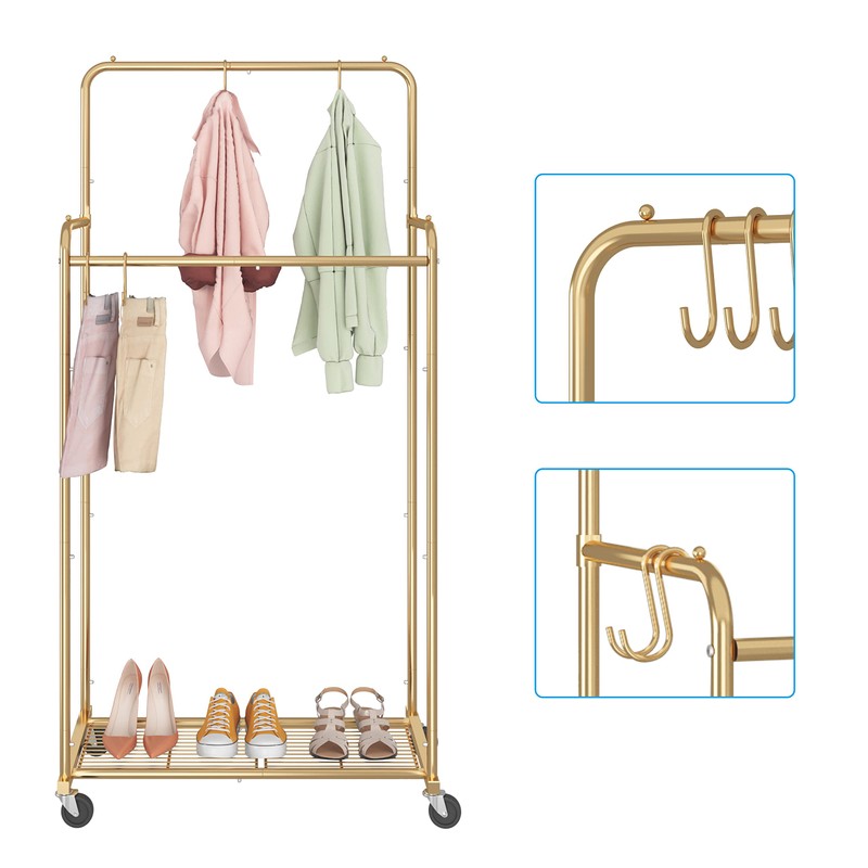 Simple Trending Double Rod Clothes Garment Rack, Heavy Duty Clothing