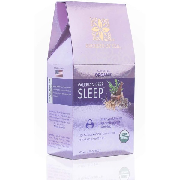 Secrets Of Tea Valerian Sleep Tea - Natural USDA Organic Caffeine-Free Tea for Sleep Aid - Herbal Tea for Sleeping and Relaxation with Lavender, Chamomile and Lemon Balm (40 Servings)