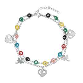 Akzent Fußkette Damen Edelstahl 2-reihig 24+5 cm verstellbar – Fußkettchen „Prisara“ mit Palmen-, Herz- & Nazar-Augen-Anhängern, silber- oder goldfarben