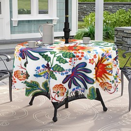 bnhjsdw Outdoor Tablecloth with Umbrella Hole for Round Table, Waterproof Flowers Patio Table Cloth with Zipper - 60 x 60 inches
