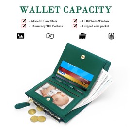 SNCCJ Small Wallet for Women, Leather Compact Bifold Womens Wallet with Zipper Coin Purse, Stone Pattern, Dark green, Fashion