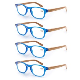 MODFANS 4 Pack Reading Glasses 3.5 Fashion Wood-Look Spring Hinges Stylish Readers Men Women Blue