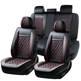 Huidasource Car Seat Cover 5 Layers, Faux Leather Seat Covers, Car Seat Covers Protector Front ＆ Split Bench Rear Velcro Adjustment, Universal Fit for Most Cars, Vans,Trucks,SUVs (Full Set/Black&Red)