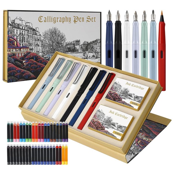GC QUILL Calligraphy Fountain Pen Set- 7 with Different Nibs and 40 Ink Cartridges for Beginners- MU-09