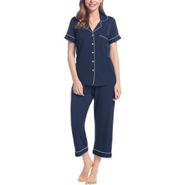 Joyaria Capri Pajamas Set Women Summer Breathable Cooling Pjs Bamboo Viscose Button Down Sleewpear(Navy Blue, XL)