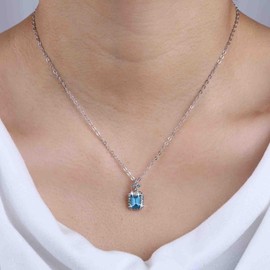 Blue Cz Pendant Necklace Silver Square Crystal Solitaire Necklace Choker Thin Chain Dainty Necklace Birthstone Diamond Simple Necklace Sapphire Rhinestone Single Necklace for Women Wedding Jewelry