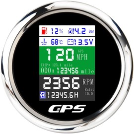 6-in-1 GPS Speedometer 3-3/8" 85mm MAIMEIMI Multi-Functional Adjustable Tachometer Voltmeter Fuel Level Water Temp Oil Pressure with Alarm for Car Boat Marine 9-32V Black