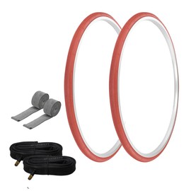 PRO+ Pair of Bike Bicycle TIRE 700 X 25 RED/RED SIDEWALL (2) Tires W/Tubes 33MM Schrader Valve, Rim Strips P-1035