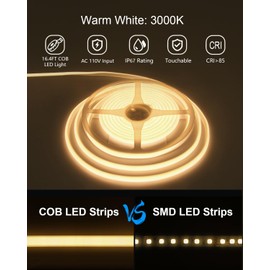 ALITOVE COB LED Strip Light Waterproof IP67 Warm White 3000K 16.4ft AC 110V 120V LED Neon Rope Lights Bright 1440LEDs Flexible LED Strip for Indoor Outdoor Cabinet Shower Bedroom(No Remote Dimmer)