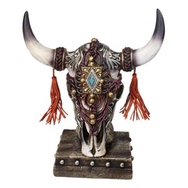 Ebros Gift Rustic Western Cow Skull with Turquoise Diamond Intricate Scrollwork and Tassels Figurine Desktop Sculpture Accent On Faux Wooden Base Stand