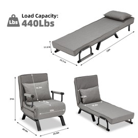 Convertible Sofa Bed Sleeper Chair,Single Person Chaise Lounge Couch with Pillow,Upholstered Lazy Bed with 6 Angles Adjustable Backrest,Folding Sofa Arm Chair for Apartment/Office/Home (Gray)