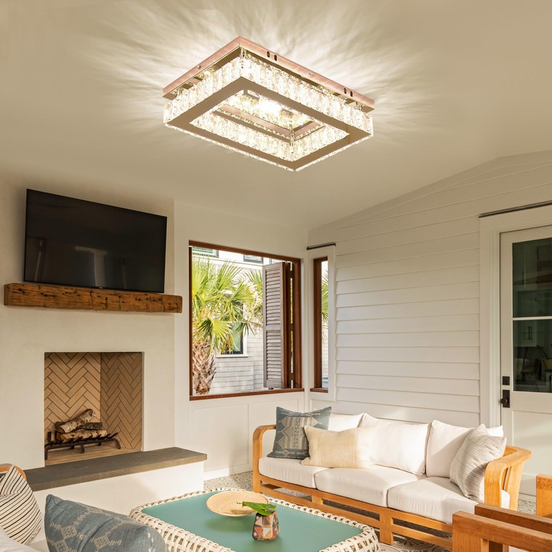Dimmable Crystal LED Flush Mount Ceiling Light, 11.8"×9.1" Rectangular Close