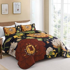 DJY Floral Quilt Set Queen Size Black Boho Bedspread Coverlet Set, 3 Piece Botanical Quilt Lightweight Microfiber Farmhouse Floral Bedding Set with 2 Pillow Shams for All Season (96''x90'')