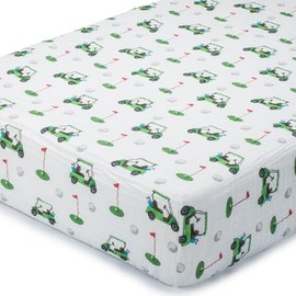 LollyBanks Muslin Crib Sheet 1 Pack, 100% Cotton Neutral Baby Crib Sheet for Standard 52"x28" Mattress, Soft Baby Fitted Sheets for Boys and Girls, Infant Bedding Essentials (Golf Cart Print)