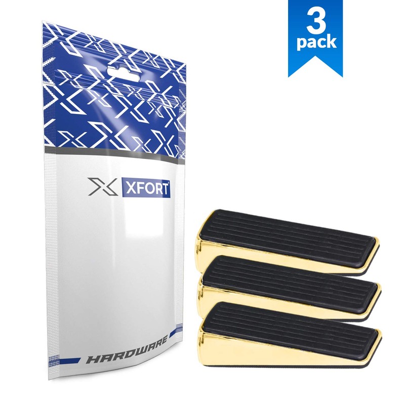 XFORT 3 Pack Door Wedge Polished Brass Door Stop Non-Slip