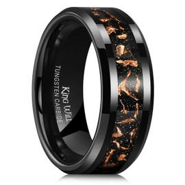King Will Tungsten Wedding Band Promise Ring for Men 8mm Black High Polished Ring with Black Sand Inlay Rose Gold Sparkles 10