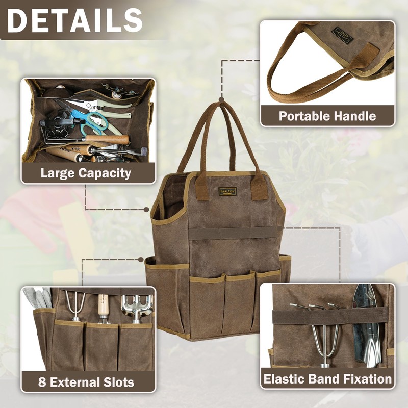 Canvas Garden Tool Bag, 16OZ Waxed Canvas Garden Tools Storage