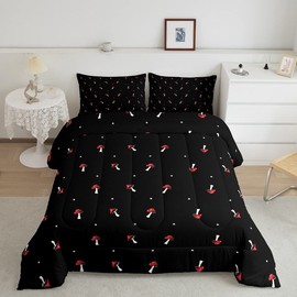 Cute Mushroom Comforter Set Full Size Kid Cartoon Bedding Set Red Mushroom Kawaii Reversible Duvet Set Types of Mushrooms Comforter Cute Wild Species Comforter Set for Bedroom Decor, Black