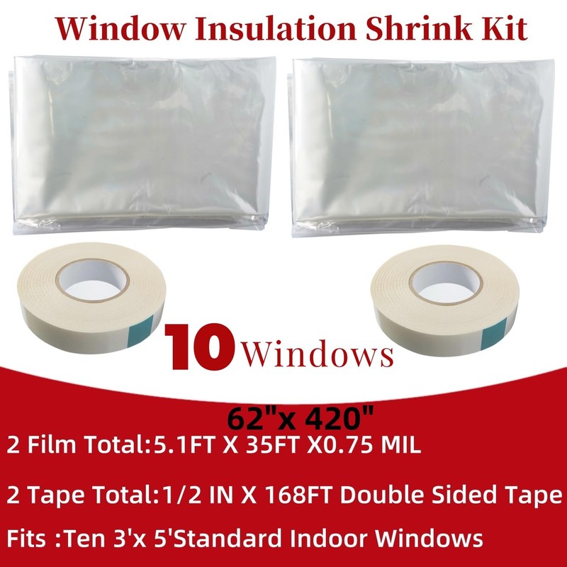 Fonsbleaudy 10-Window Shrink Film Window Insulation kit（62-Inch x 420-Inch），Insulating Film