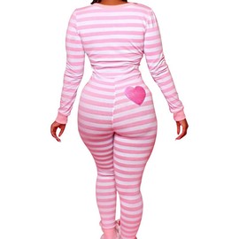 Women Valentine's Day Jumpsuit Pajamas Casual Button Neck Long Sleeve Stripe Heart Print  Romper Long Pants Bodysuit Sleepwear - Color: Pink, Size: L