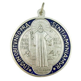 Silver Toned Base with Blue and Red Enamel Saint Benedict Protection Medal, 3 7/8 Inch
