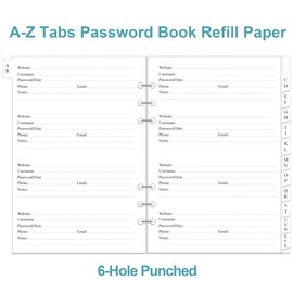 Password Book Refills for A5 Binder - A-Z Password Notebook Refill Paper with Alphabetical Tabs, 120gsm White Paper, 6-Hole Punehed, 5.8" x 8.3"