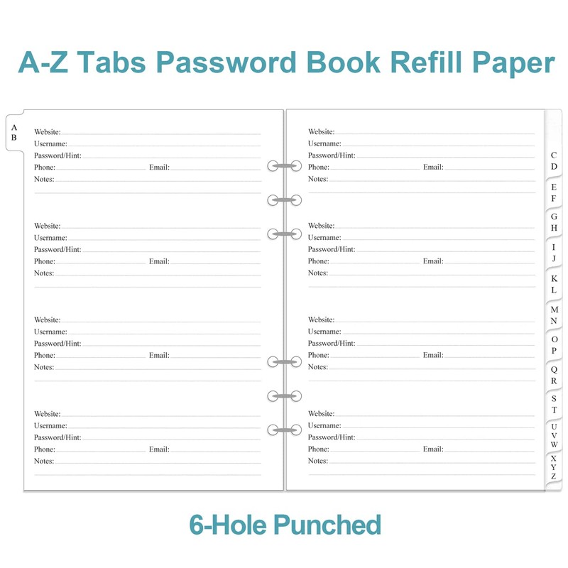 Password Book Refills for A5 Binder - A-Z Password Notebook