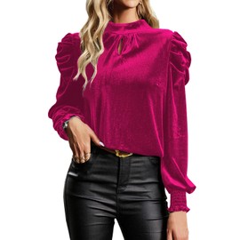 Womens Hot Pink Mock Neck Puff Long Sleeve Keyhole Velvet Tops 2024 Fall Winter Christmas New Years Eve Holiday Evening Party Dressy Casual Elegant Shirts Blouse S