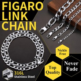 ChainsHouse 4 / 6 / 9 / 13 mm Figaro Chain Fashion Necklace, Stainless Steel / Silver / 18K Gold Plated / Black, Cool Necklace (14 Inch - 30 Inch) for Model / Hip / Pop / Rapper, Men and Women, Stainless Steel, 03 Silver