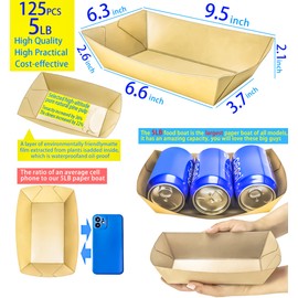 MotBach 125 Pack 5LB Extra Large Paper Food Boats Trays Disposable Paper Boat Plate Containers, Kraft Food Serving Tray Boat Basket Bowl for Snack Popcorn Burger Sandwich Taco BBQ Fries Dessert Nacho