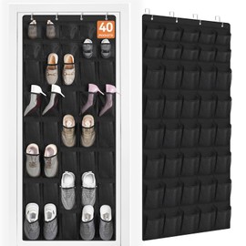FENTEC 40 Large Pockets Over The Door Shoe Organizer, Mesh Hanging Shoe Organizer Shoe Rack for Closet Mesh Closet Shoe Holder, Over Door Organizer, Shoe Organizer for Wall, Black, 1 Pack