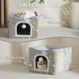 Jiupety Cat Bed for 2 Cats,Cat Houses for Indoor Cats, with Scratch Pad and Cat Ball Toy, Large Cat Cave Cube for Hideaway,Foldable Cat Condo/Kitten Bed,Cute Cat Beds,17in,Grey