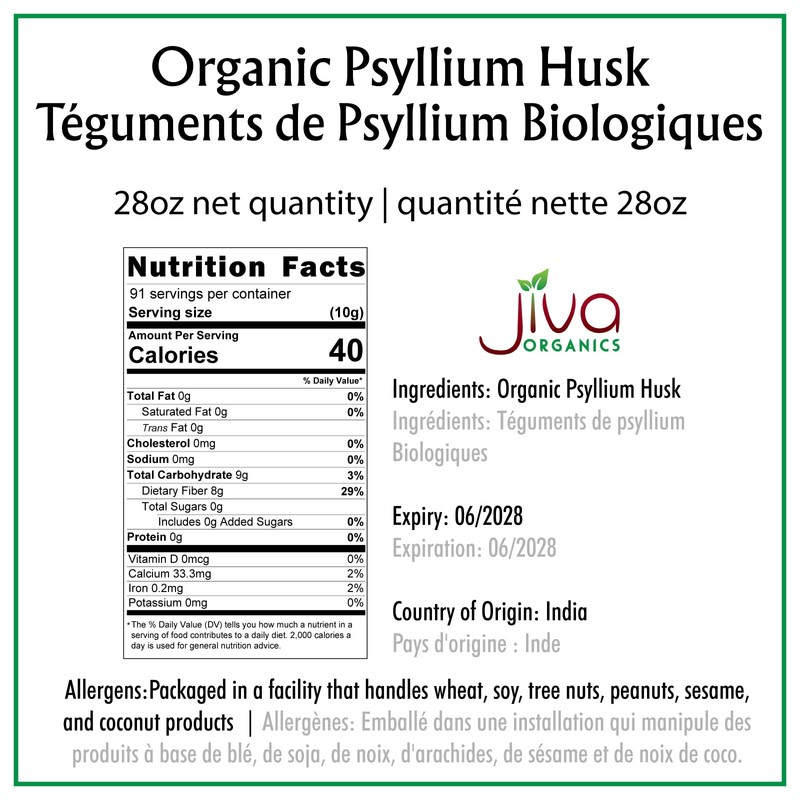 Jiva Organics Whole Psyllium Husk (Isabgol) 1.75 LB (28 Oz)
