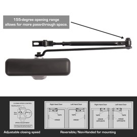 BRINKS Commercial - Heavy Duty Residential Door Closer, Matte Black Finish - Size 3 with a 155-Degree Opening Range and Adjustable Closing Speed