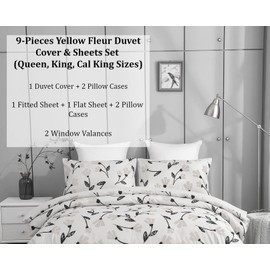 DaDalogy Bedding 9-Pieces Ivory Floral Duvet Cover Fitted Flat Bed Sheets Set - Yellow Fleur Golden Orange Botanical Pillow Cases & Window Curtain Valances - King Size Bundle
