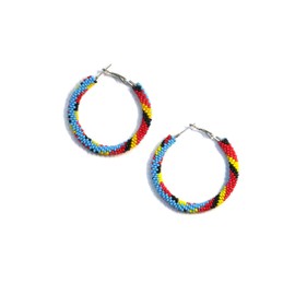 Handmade tribal Long Fringe native glass seed beads beaded earrings (Sky-Blue Multi Hoop)
