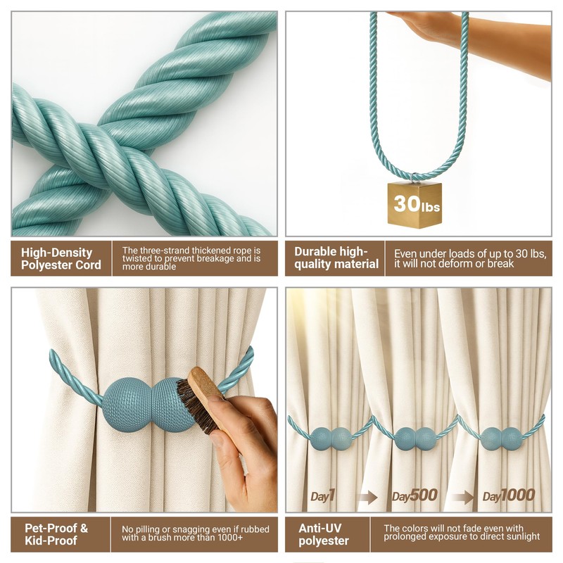 Hion Magnetic Curtain Tiebacks Blue 2pcs, Curtain Holdbacks Hooks Holders