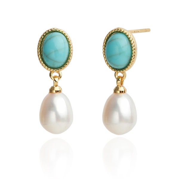 14K Gold Plated Cultured White Pearl Dangling Drop Earrings with
