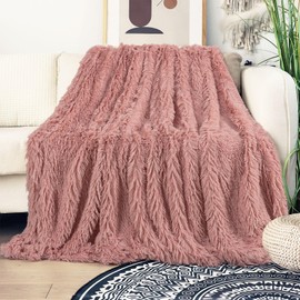 Tuddrom Decorative Extra Soft Fuzzy Faux Fur Throw Blanket 50" x 60",Solid Reversible Long Hair Shaggy Blanket,Fluffy Cozy Plush Comfy Microfiber Fleece Blankets for Couch Sofa Bedroom,Peach Whip