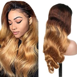 AiPliantfis Human Hair Wig Glueless Wig Wear and Go Echthaar Perücke Damen Body Wave 4X4 Lace 1B/4/27 Ombre Blonde Pre Plucked 150% Density Real Unprocessed Remy Hair 22 Zoll