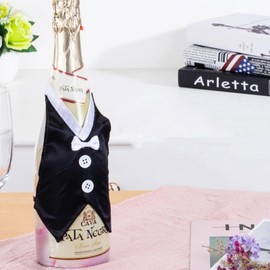 HeartYue 2 Pcs Bride and Groom Wine Bottle Covers Set Wine Glass Decoration Wedding Party Decor Wine Champagne Cover Suit for Engagement Party Black White Wedding Accessories