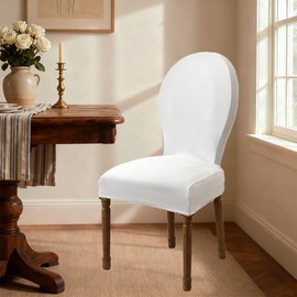 Daunkang Round Back Dining Chair Slipcovers Stretch Dining Room Chair Cover with Round Back French Country Without Arms Oval Chair Slipcover for Kitchen Chair Protectors Set of 6 White