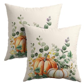 Fall Throw Pillow Cover 18x18 Inch Pack of 2 Autumn Watercolor Pumpkin Sage Green Leaf Outdoor Pillow Protector Thanksgiving Sofa Cotton Linen Square Pillow Set Farmhouse Pillowcases for Home Bed
