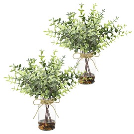 unlemoni 2 Pack Artificial Eucalyptus Stems in Glass Vase with Faux Water Stone, 11" Fake Eucalyptus Leaves Faux Greenery Branches Plants for Kitchen Home Table Centerpiece Decor (LightGreen)