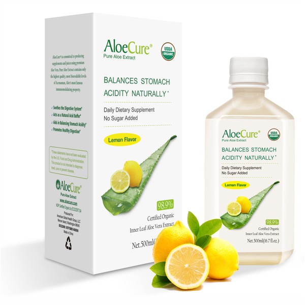 AloeCure USDA Organic Aloe Vera Juice Lemon Flavor, Bottled On-Site Within 12 Hours of Harvest, Natural Treatment for Acid Reflux, GERD, Natural Acid Buffer, No Charcoal Filtering, 1x500ml Bottle