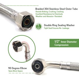 Masterwarehouse DN8 Flexible Dishwasher Hose with 90 Degree 450mm Length, Both 1/2" Female Compression, 304 Stainless Steel (Pack of 2), Watermark