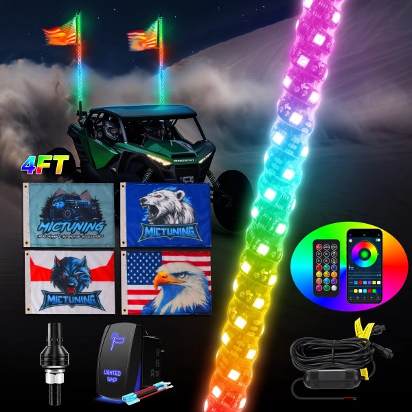 MICTUNING 4ft RGB LED Whip Lights For Polaris RZR UTV