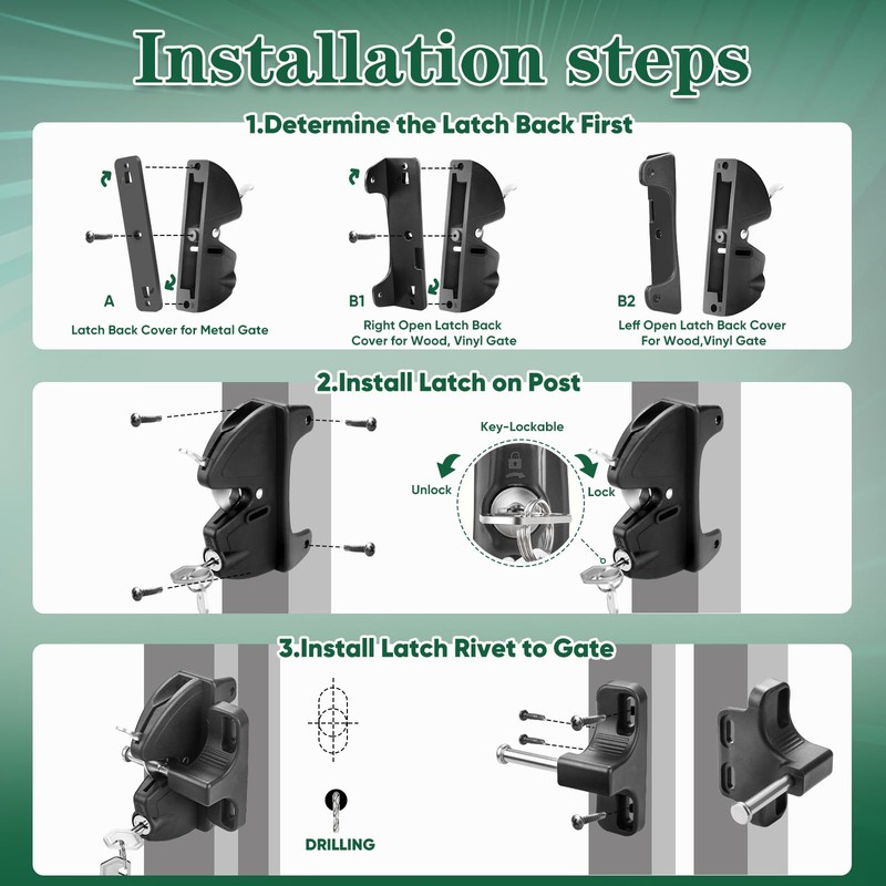 Gate Latch Key, Built in Stainless Steel Lock Tongue, Adjustable,