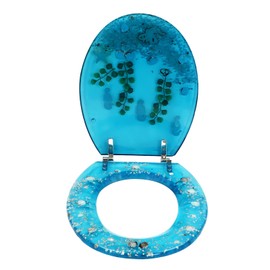 Clear Resin Toilet Seat with Dried Flowers, Stainless Steel Hinges, Ergonomic Design, Easy Clean, Noise Reduction, Ideal for Most Toilets (Blue)