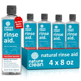 Nature Clean All Natural Dishwasher Rinse Aid Cleaner, Liquid Dishwasher Rinse Agent for Spot-Free Glass & Cutlery in Hard Water, Non Toxic Dish Washer Rinse Aid & Stain Remover, 8 oz/250ml, Pack of 4